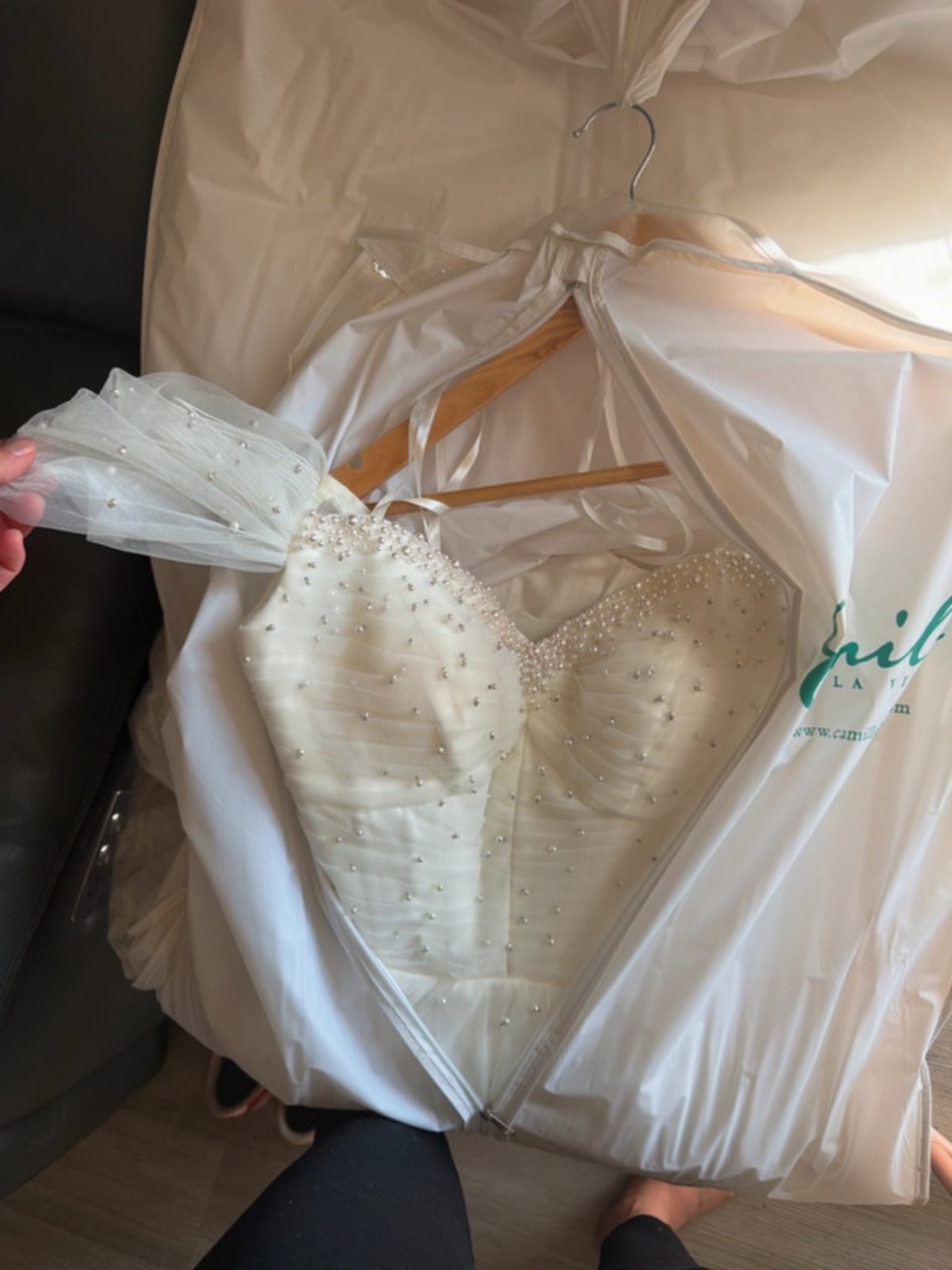 Wedding dress with pearl beating throughout whole gown